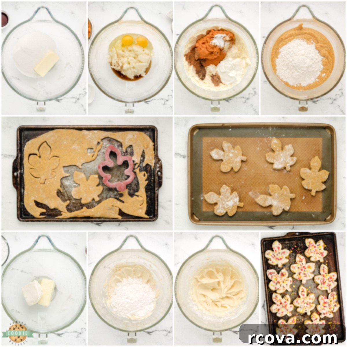 Harvest Pumpkin Sugar Cookie Delights 4 Step by step instructions on how to make Pumpkin Sugar Cookies with Cream Cheese Frosting, showing mixing, rolling, and cutting stages.