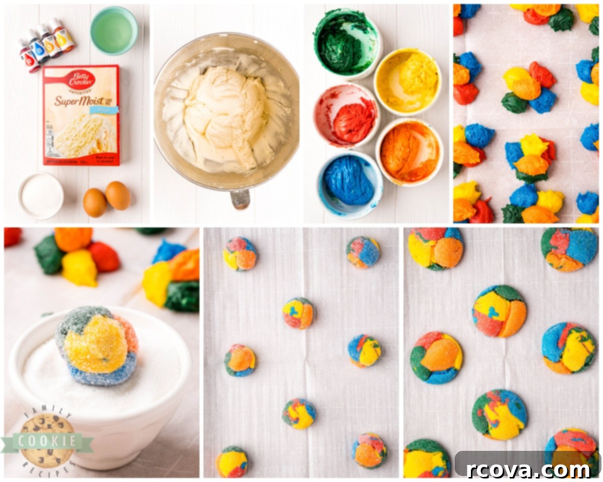 Colorburst Cookies 5 Multiple hands of children eagerly grabbing freshly baked, colorful cake mix cookies from a large plate.