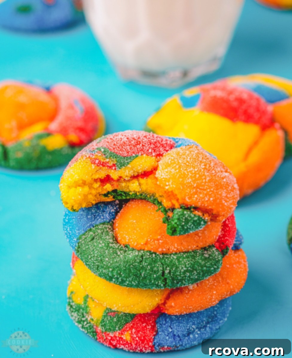 Colorburst Cookies 7 Various colorful cake mix cookie dough portions, each infused with a different vibrant food coloring, ready for mixing.