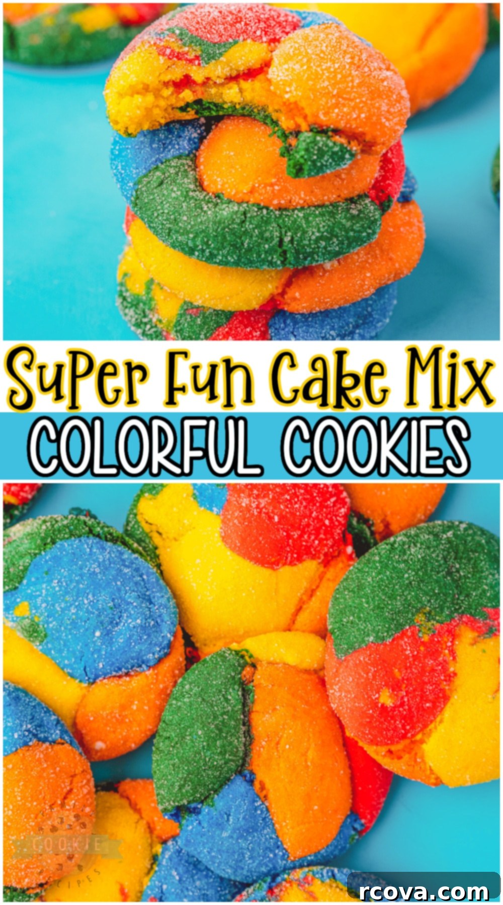Colorburst Cookies 10 A close-up of beautifully swirled colorful cake mix cookies, showcasing the vibrant rainbow effect.
