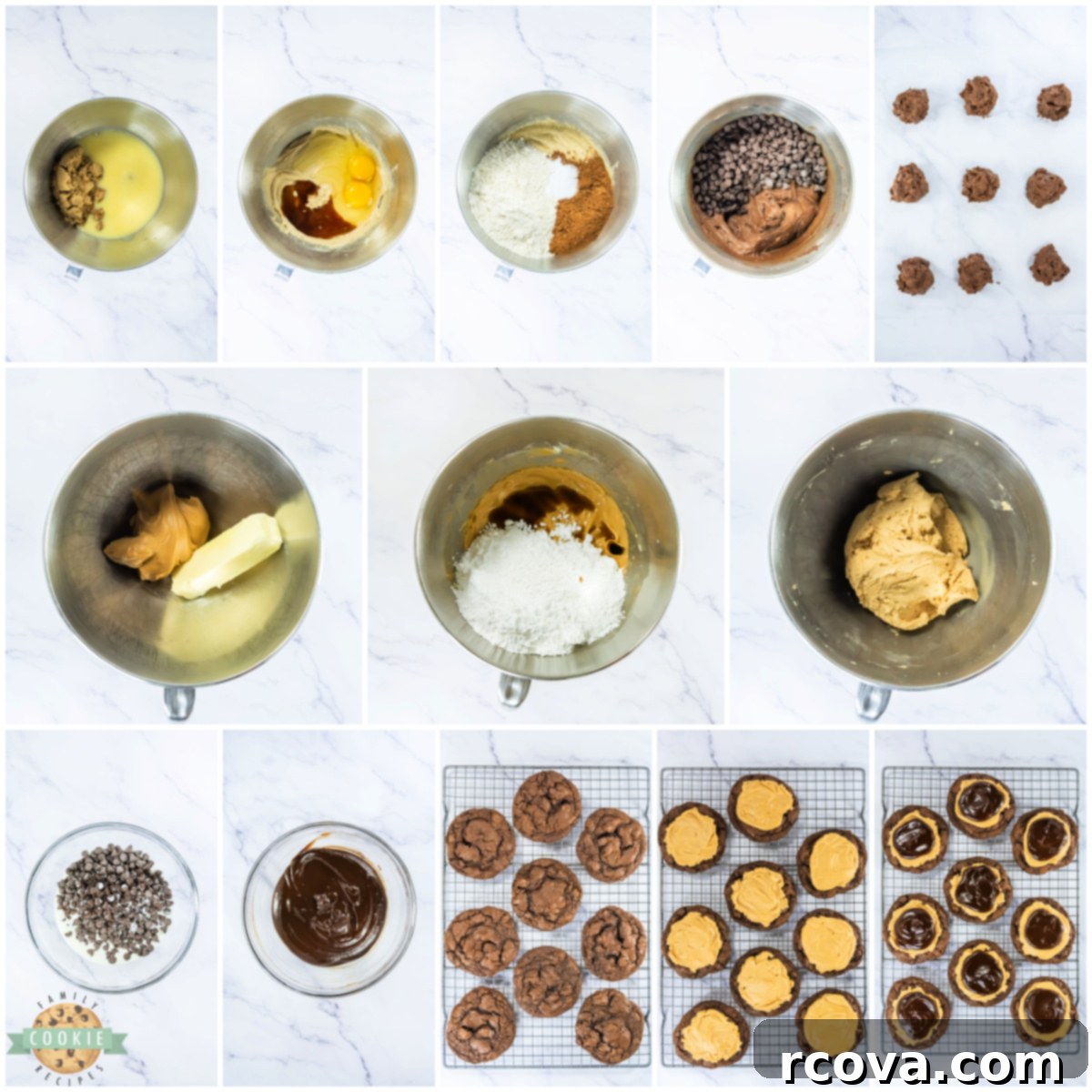 Peanut Butter Fudge Brownie Cookies 4 Step-by-step process images for making Crumbl Copycat Buckeye Brownie Cookies, from mixing dough to assembling layers.