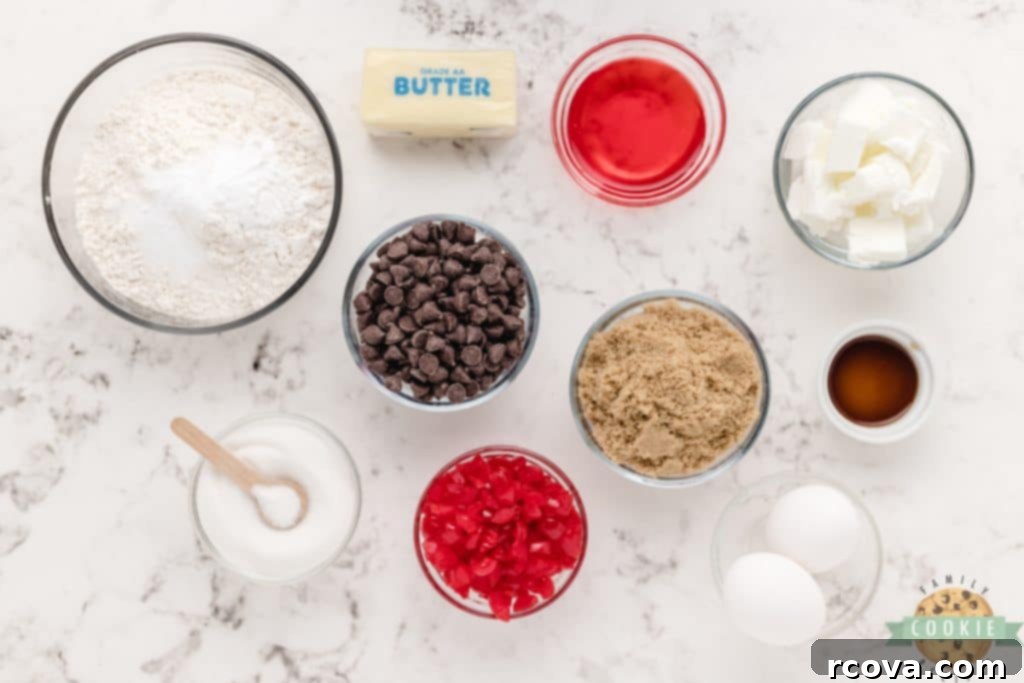 Decadent Cherry Chocolate Chip Cookies 4 All the ingredients laid out for making Cherry Chocolate Chip Cookies, including maraschino cherries and chocolate chips.