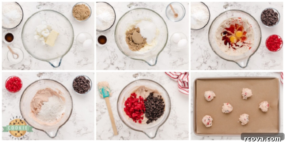 Decadent Cherry Chocolate Chip Cookies 5 Step-by-step process of mixing the cookie dough for Cherry Chocolate Chip Cookies, showing the addition of ingredients.