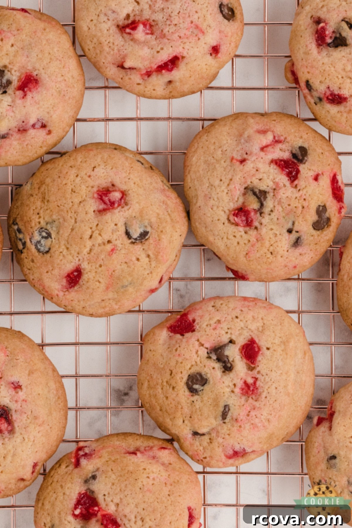 Decadent Cherry Chocolate Chip Cookies 6 A plate of freshly baked Cherry Chocolate Chip Cookies, ready to be enjoyed, showing their delicious texture.
