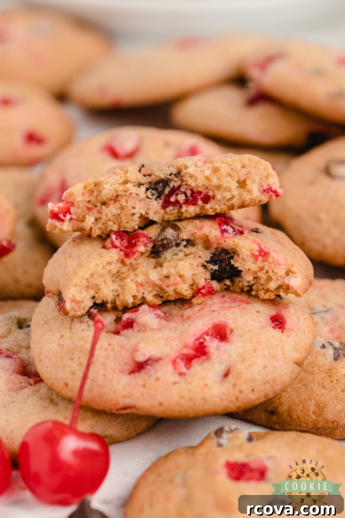 Decadent Cherry Chocolate Chip Cookies 9 Close-up of a Cherry Chocolate Chip Cookie with visible maraschino cherry pieces and chocolate chips, on a rustic surface.