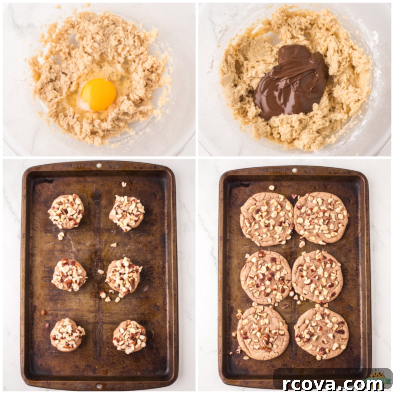 Decadent Chocolate Hazelnut Cookies 3 Close-up of chocolate hazelnut cookie dough balls before baking, covered in chopped hazelnuts on a parchment-lined baking sheet.