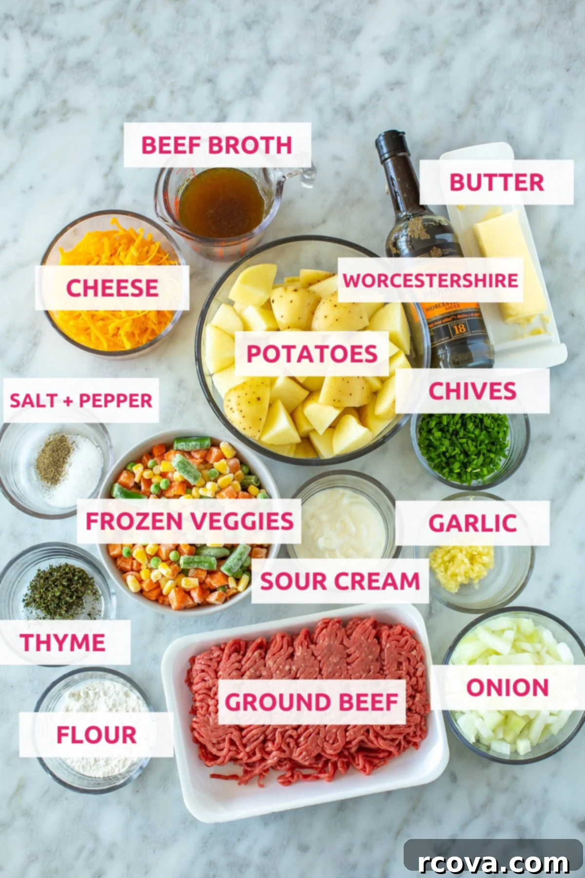 Wholesome Shepherds Delight 4 Ingredients for classic shepherd's pie: beef broth, cheese, butter, potatoes, worcestershire, frozen veggies, thyme, chives, sour cream, garlic, ground beef, onion, flour, salt and pepper.