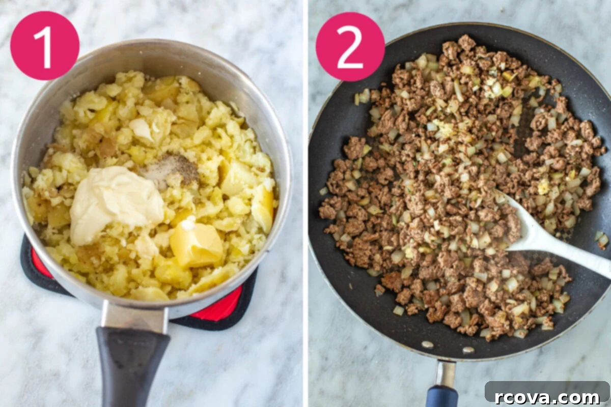 Wholesome Shepherds Delight 5 Steps 1 and 2 for making classic shepherd's pie: make mashed potatoes and saute beef, onions and garlic.