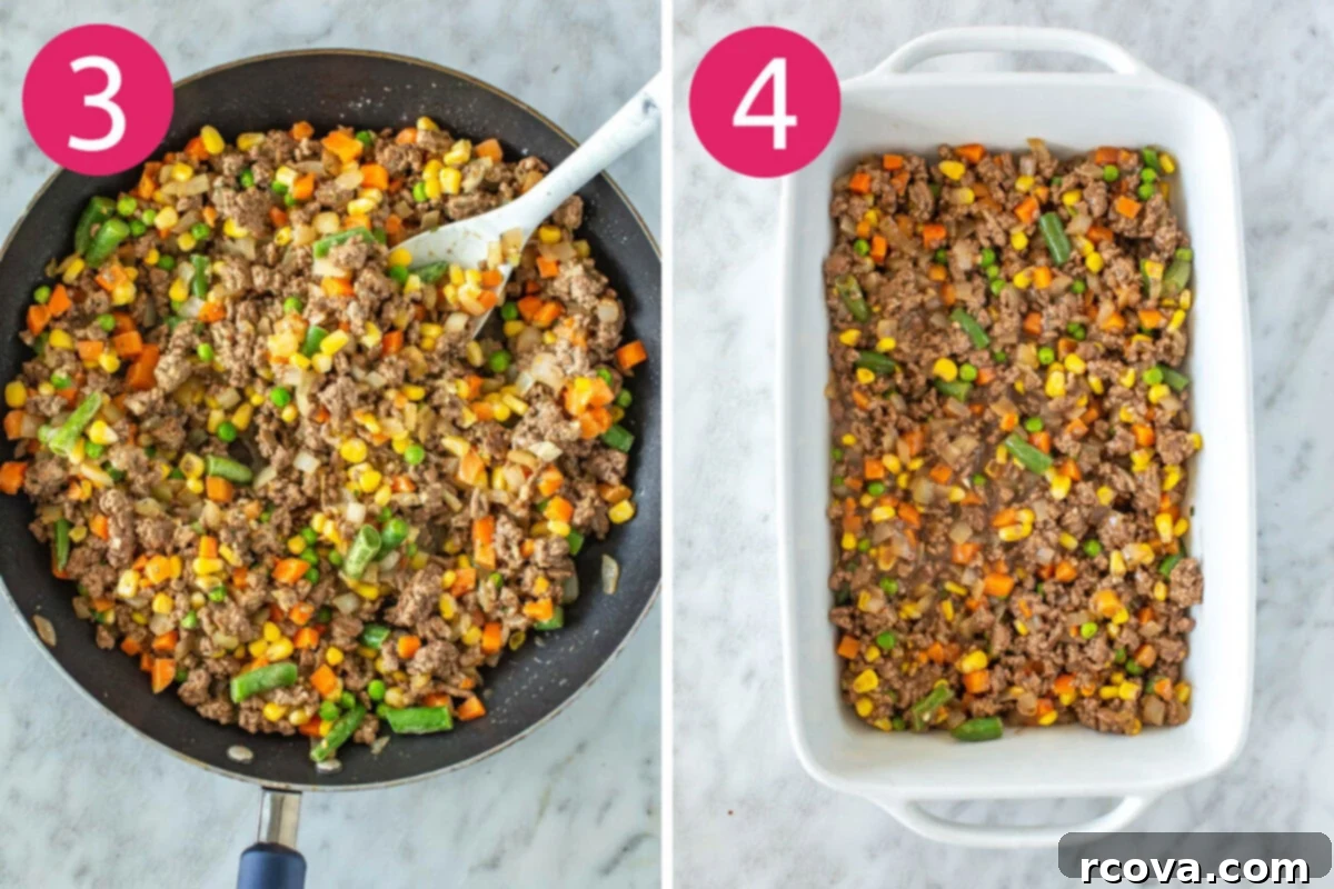 Wholesome Shepherds Delight 6 Steps 3 and 4 for making classic shepherd's pie: add beef broth, worcestershire and frozen veggies, layer beef mixture into casserole dish.