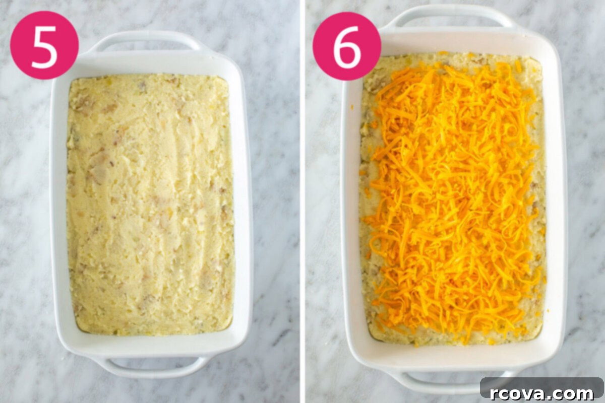 Wholesome Shepherds Delight 7 Steps 5 and 6 for making classic shepherd's pie: add mashed potatoes on top of meat mixture then layer on shredded cheese and bake.