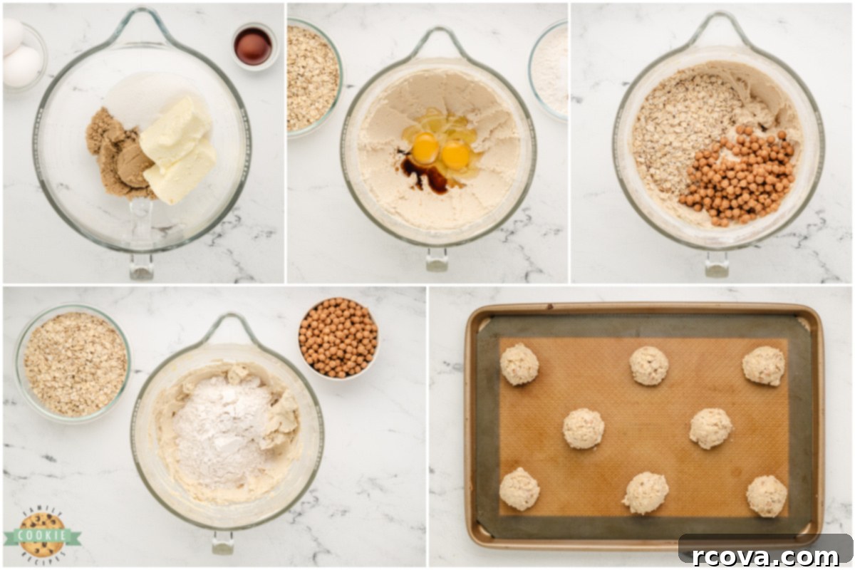Golden Oat & Caramel Goodness 4 Step-by-step instructions showing how to prepare the dough and bake Caramel Oatmeal Cookies.