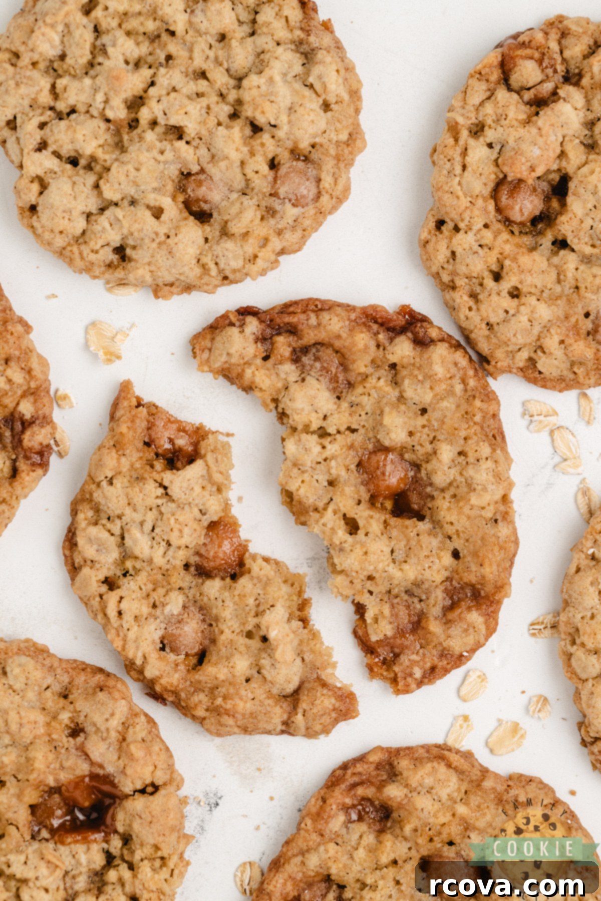Golden Oat & Caramel Goodness 7 A Caramel Oatmeal Cookie broken in half, revealing its soft, chewy interior and pockets of melted caramel.