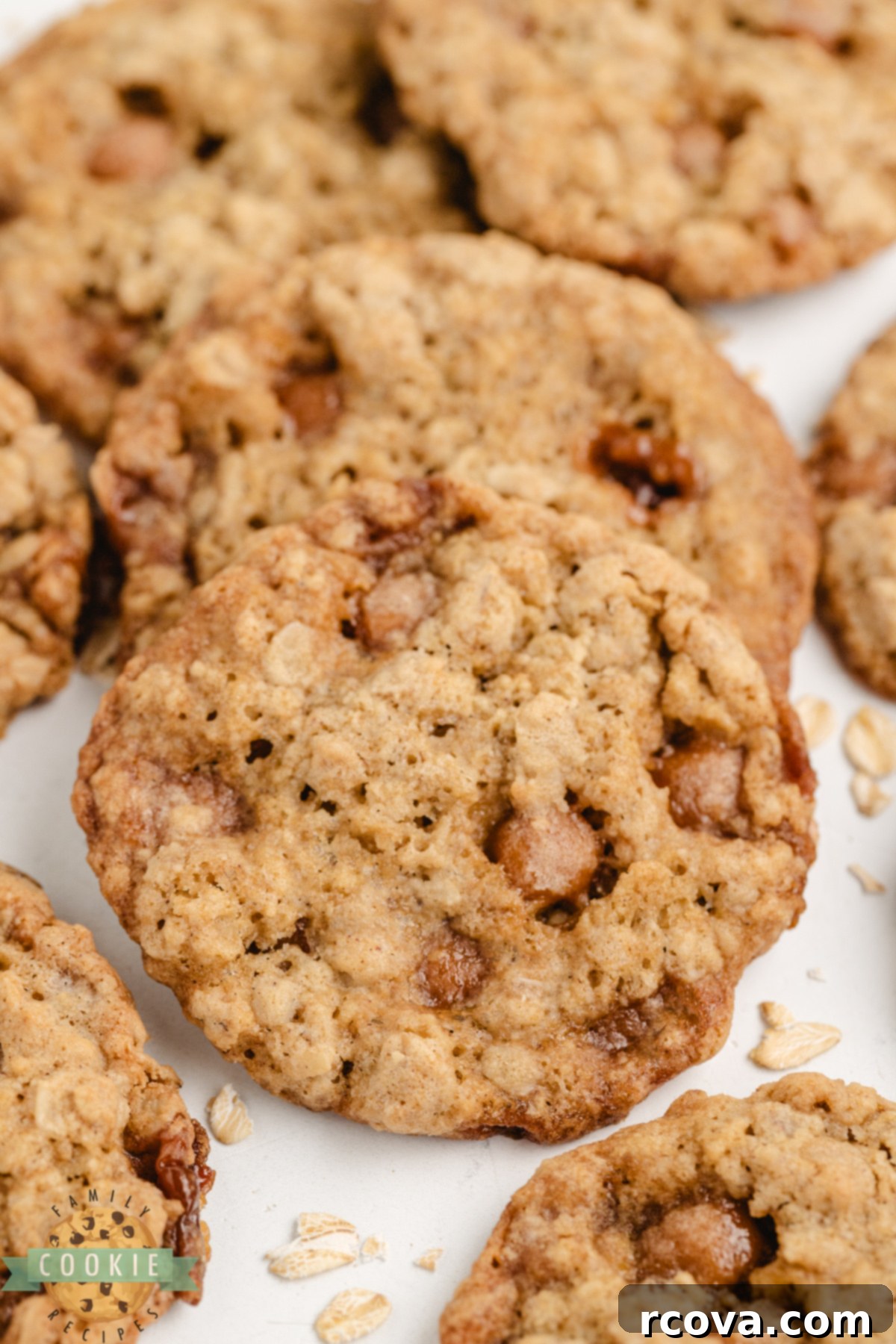 Golden Oat & Caramel Goodness 8 A stack of perfectly baked Caramel Oatmeal Cookies, showcasing their golden-brown edges and inviting texture.