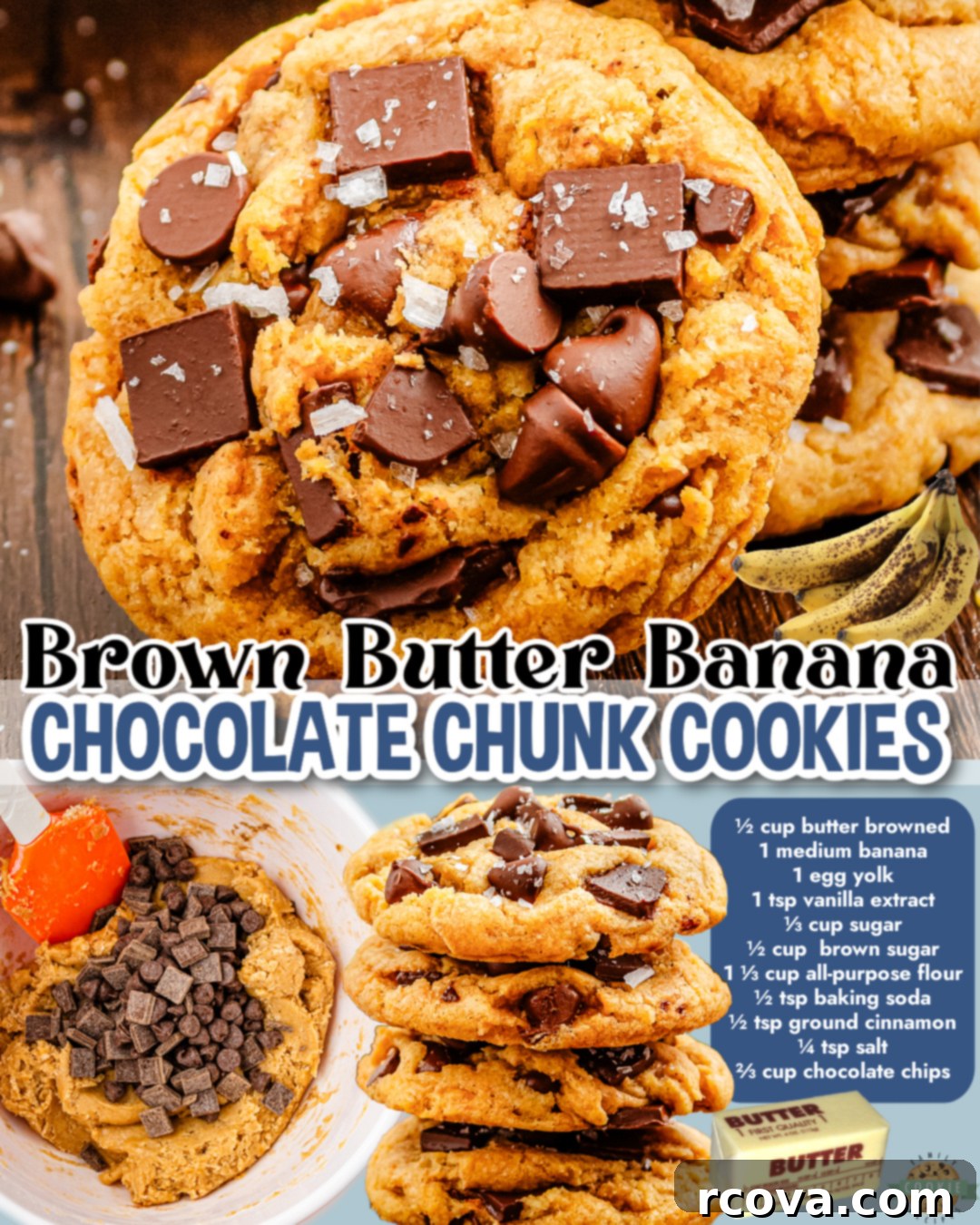 Nutty Brown Butter Banana Cookies 8 Banana Chocolate Chips Cookies made with browned butter, a ripe banana, & a classic blend of sugars, egg & flour with plenty of chocolate chips!