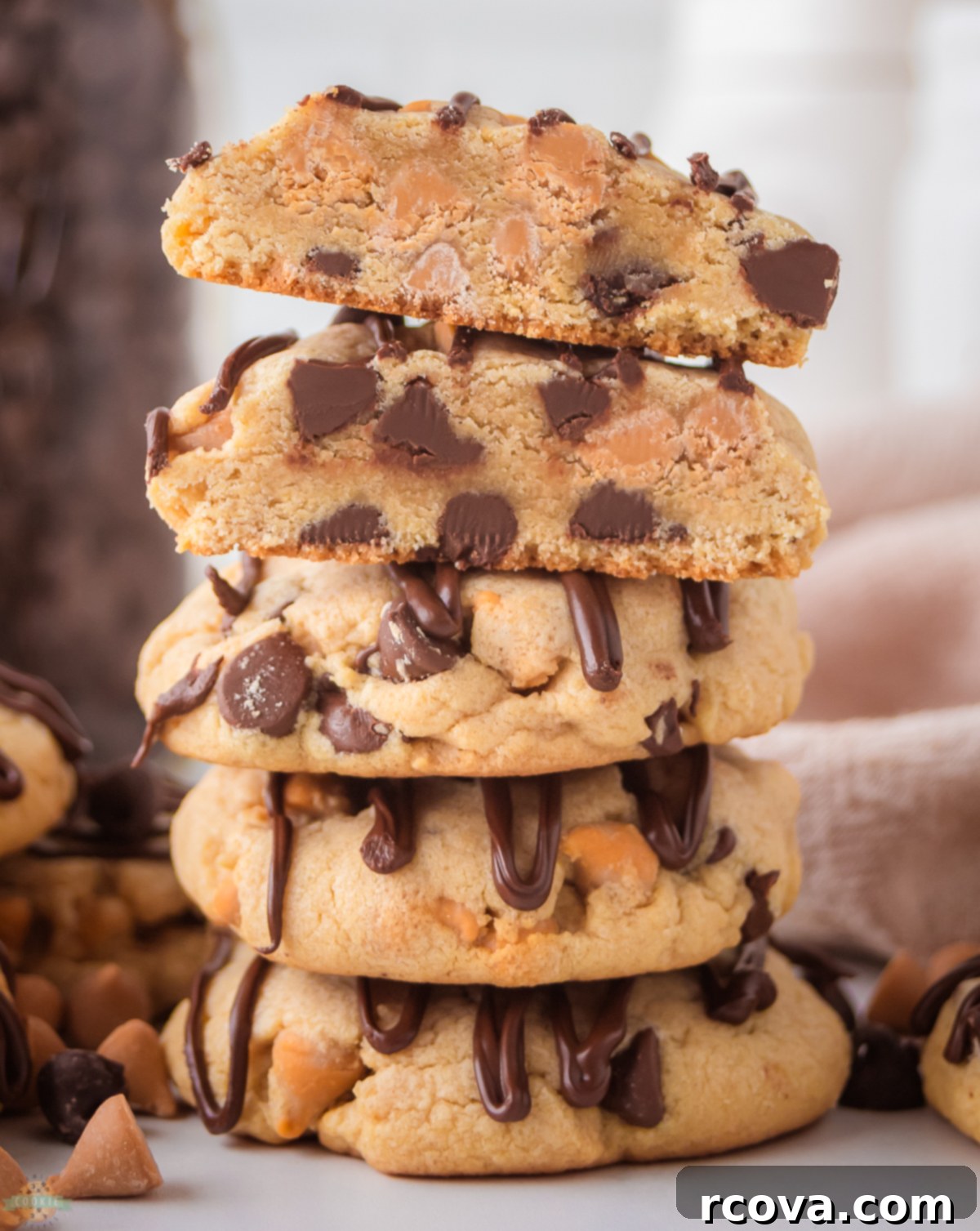 Ultimate No-Bake Scotcheroo Bars 4 stack of Scotcheroo Cookies drizzled with chocolate