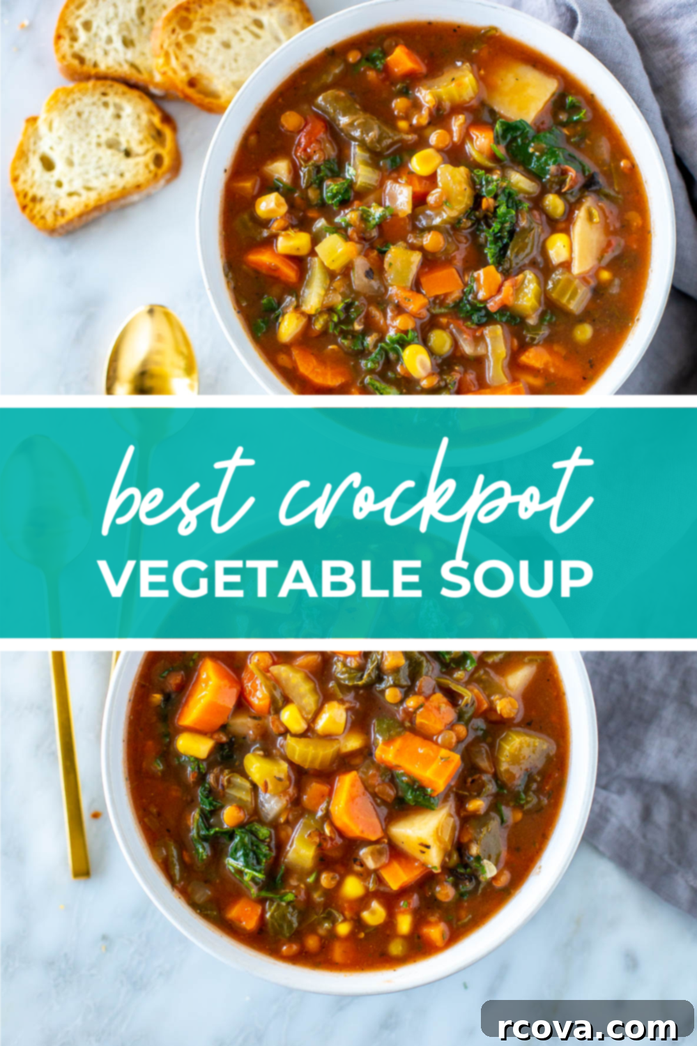 Comforting Crockpot Vegetable Soup 12 Overhead shot of vegetable soup in bowls, orange banner overtop reading "best crockpot vegetable soup"