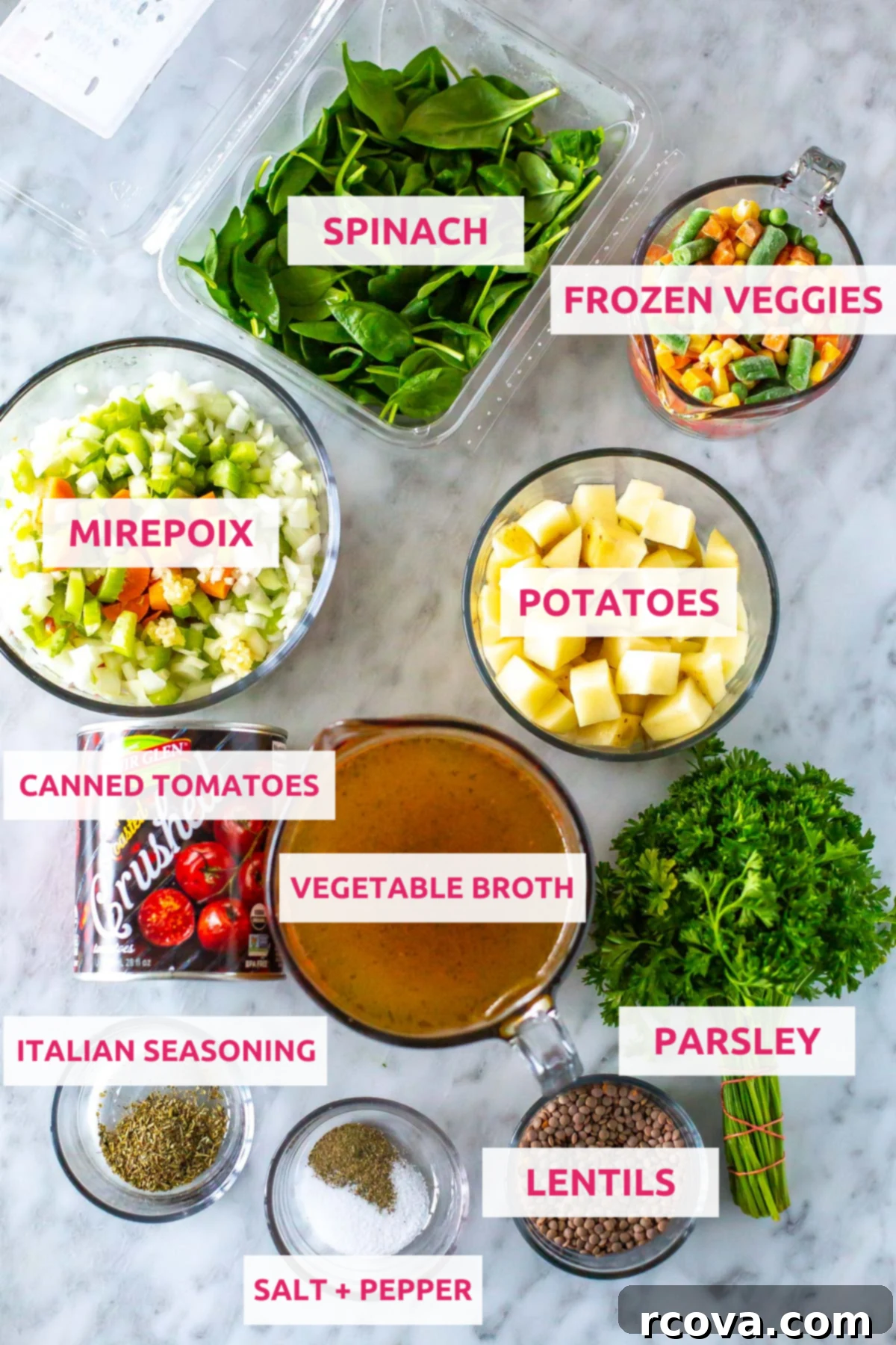 Comforting Crockpot Vegetable Soup 4 A vibrant flat lay showcasing all the fresh ingredients needed for crockpot vegetable soup, including spinach, mixed frozen vegetables, neatly chopped mirepoix (onion, carrots, celery), potatoes, canned fire roasted tomatoes, vegetable broth, fresh parsley, Italian seasoning, brown lentils, salt, and pepper, arranged artfully on a light background.