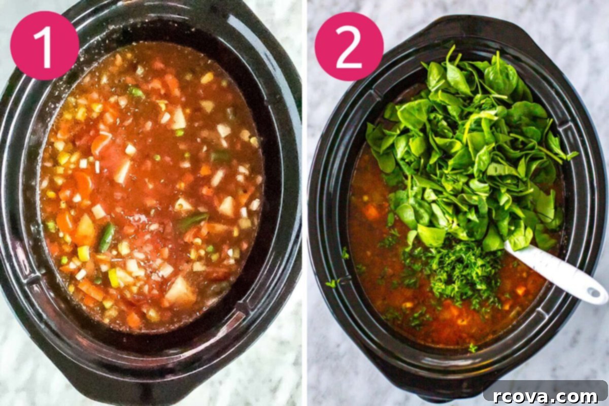 Comforting Crockpot Vegetable Soup 5 A two-part image showing the initial steps of making crockpot vegetable soup. The first panel shows all the ingredients (except spinach and parsley) added to the slow cooker. The second panel shows the soup after cooking, with spinach and parsley being stirred in.