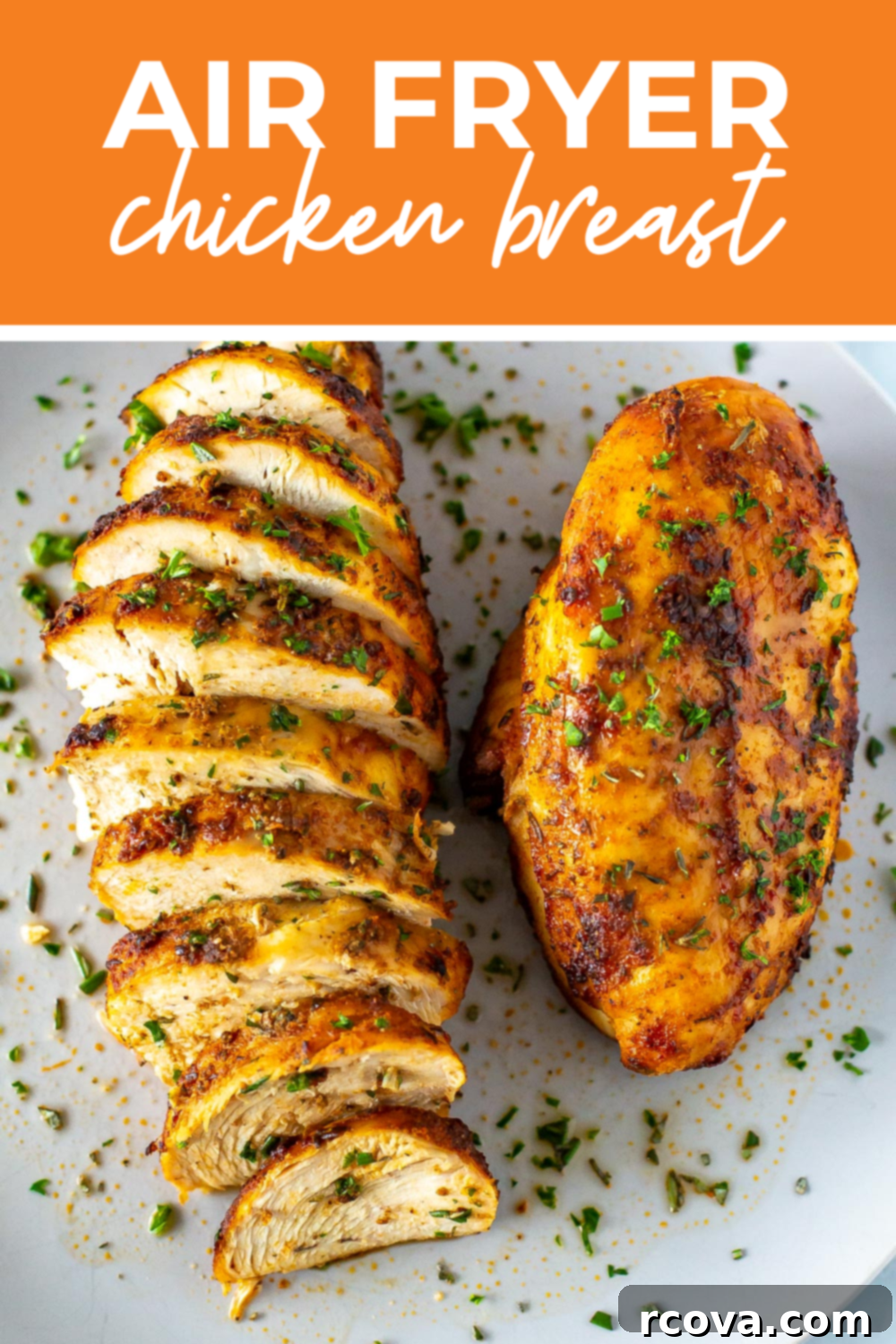 Perfect Air Fryer Chicken Breasts The Ultimate Marinade 11 A chicken breast that's been cooked in the air fryer on a plate with the text