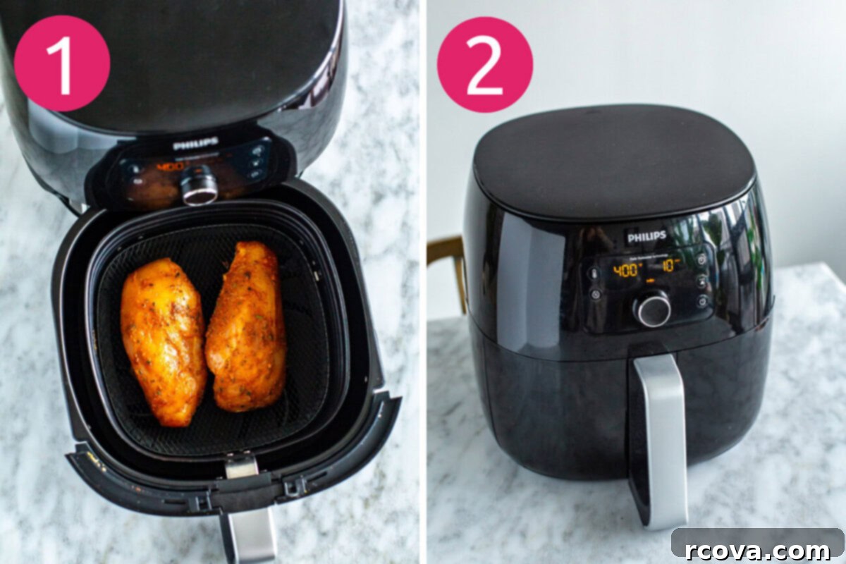 Perfect Air Fryer Chicken Breasts The Ultimate Marinade 5 Steps 1 and 2 for making air fryer chicken breasts: marinate chicken then cook in the air fryer.