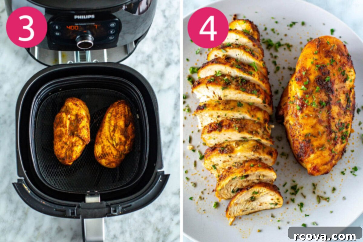 Perfect Air Fryer Chicken Breasts The Ultimate Marinade 6 Steps 3 and 4 for making air fryer chicken breasts: flip chicken breasts and cook on the other side, then let rest before cutting and serving.
