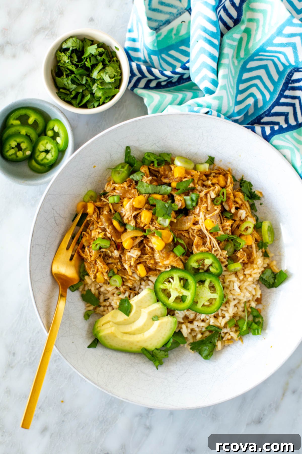 26 Easy and Healthy Pantry Dinners 16 A bowl of salsa verde chicken served over rice.