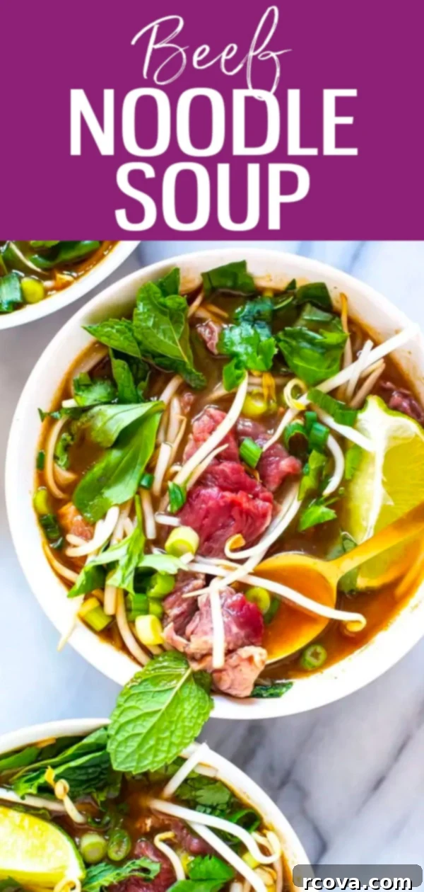 Savory Vietnamese Beef Noodle Bowl 10 Inspired by Vietnamese pho, this Americanized beef noodle soup combines rice noodles, beef and fresh herbs in a simple pantry-based beef broth. #vietnameseinspired #beefnoodlesoup