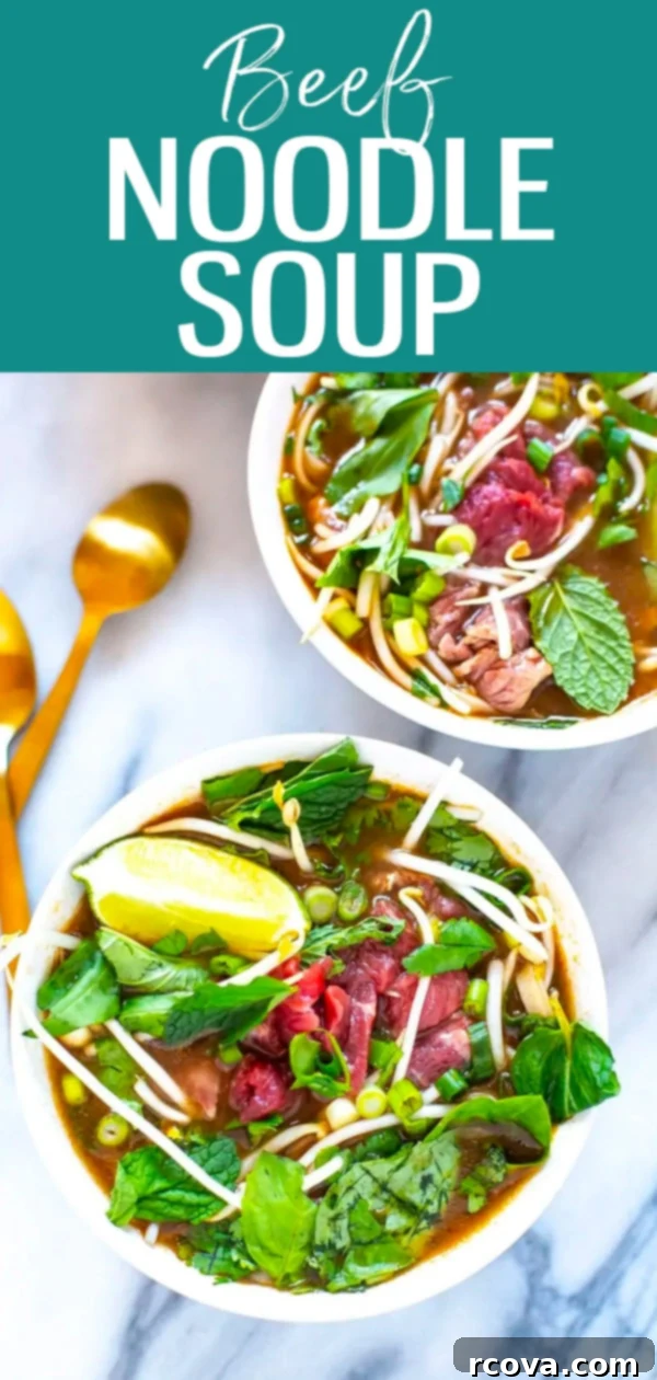 Savory Vietnamese Beef Noodle Bowl 11 Inspired by Vietnamese pho, this Americanized beef noodle soup combines rice noodles, beef and fresh herbs in a simple pantry-based beef broth. #vietnameseinspired #beefnoodlesoup
