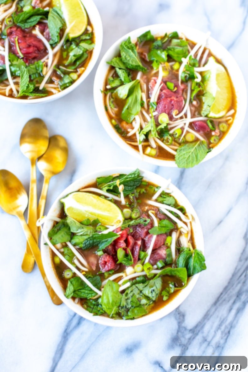 Savory Vietnamese Beef Noodle Bowl 8 Ingredients laid out for quick assembly of the easy Vietnamese-Inspired Beef Noodle Soup.