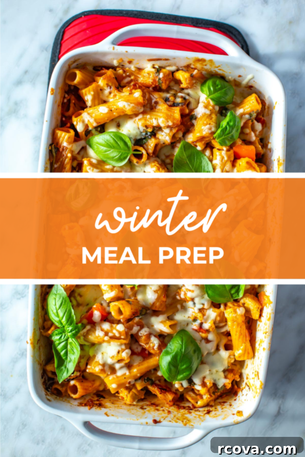Cozy Winter Meals: Your Free Prep Guide 12 Cheesy lasagne in a baking dish topped with fresh basil