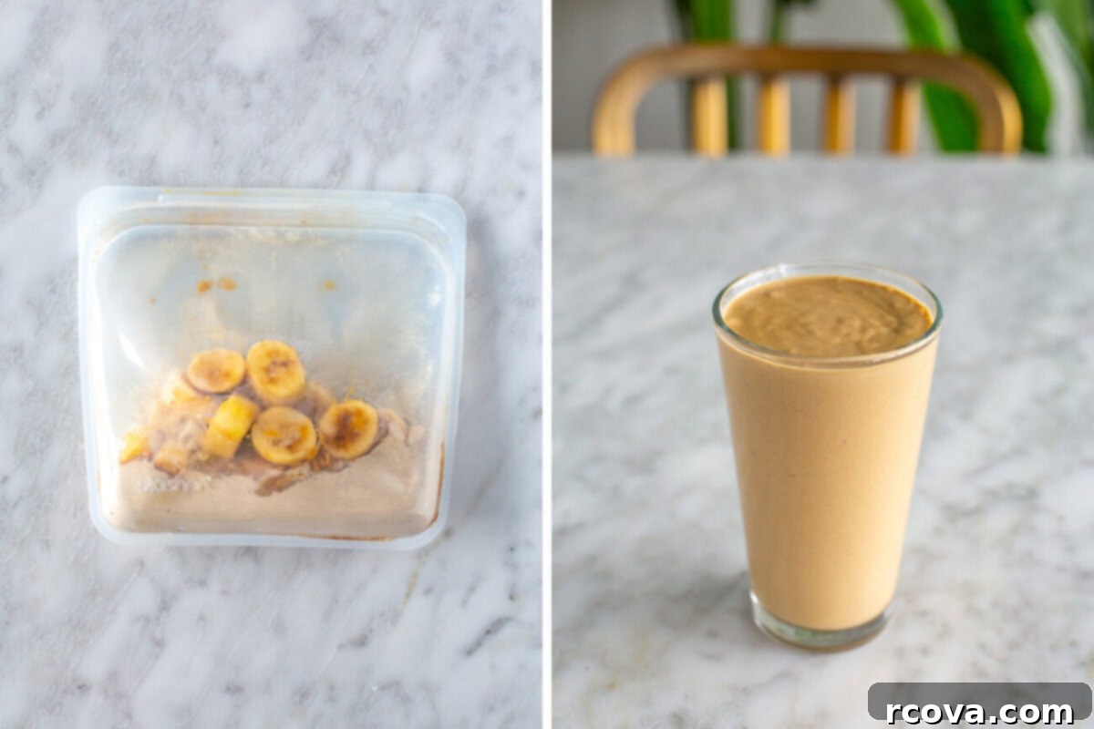 5 Genius Make Ahead Smoothie Packs 11 A collage showing a Peanut Butter Chocolate Banana Smoothie pack in a freezer bag next to a tall glass of the rich, blended chocolate-peanut butter smoothie, drizzled with chocolate sauce.