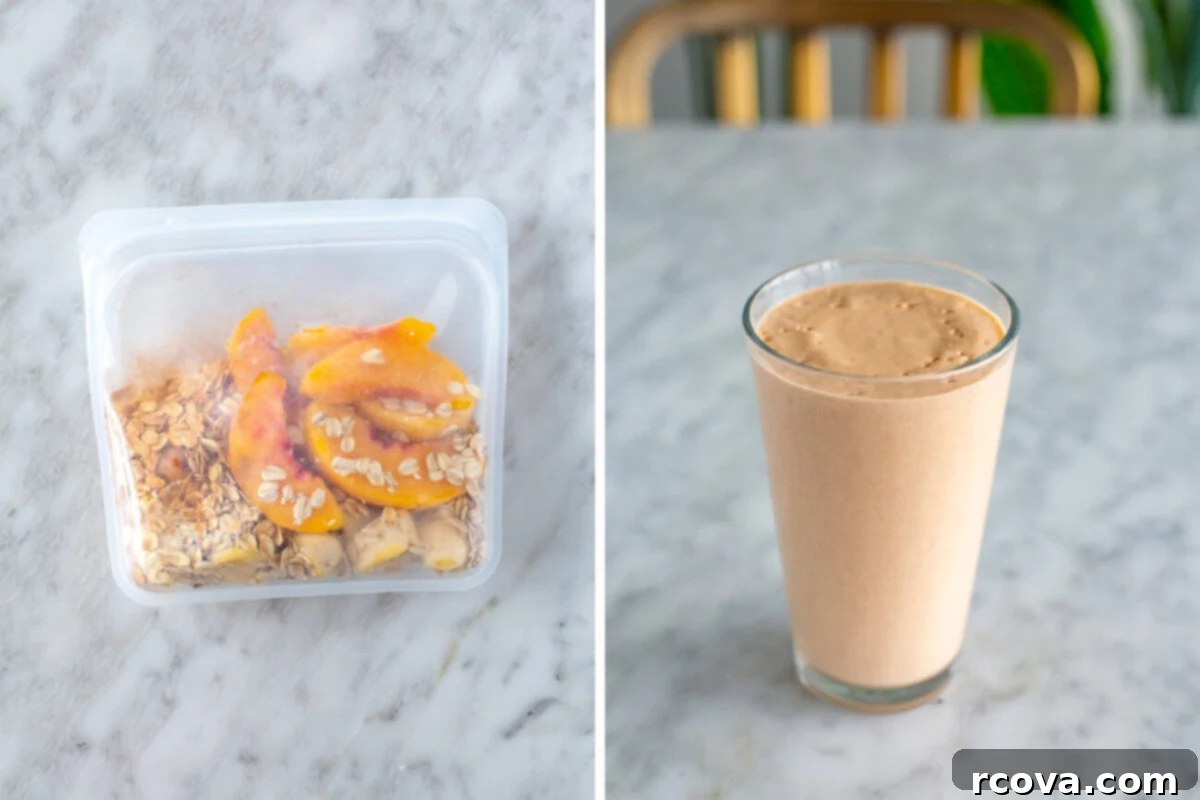 5 Genius Make Ahead Smoothie Packs 12 A collage displaying a Peach Pie Smoothie pack in a freezer bag beside a glass of the creamy, light orange smoothie, topped with a sprinkle of cinnamon.