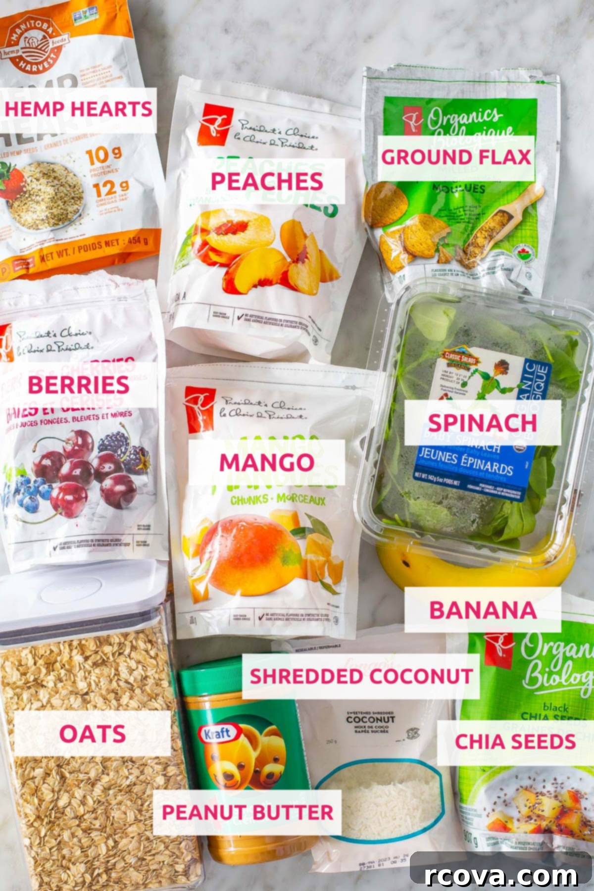 5 Genius Make Ahead Smoothie Packs 4 A colorful flat lay of ingredients for various make-ahead smoothie packs, including hemp hearts, sliced peaches, ground flaxseed, mixed berries, mango chunks, fresh spinach, rolled oats, creamy peanut butter, shredded coconut, banana slices, and chia seeds.
