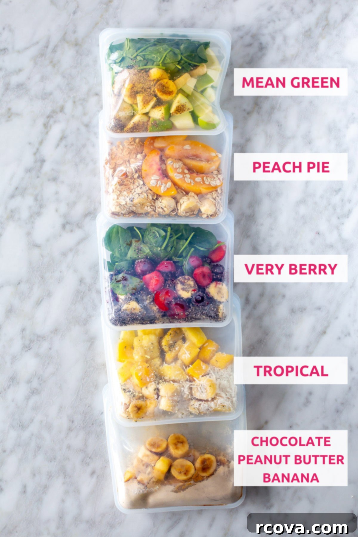 5 Genius Make Ahead Smoothie Packs 7 Five brightly colored freezer bags, each meticulously filled with pre-portioned ingredients for different meal prep smoothie packs: a vibrant green 'Mean Green', a creamy 'Peach Pie', a deep purple 'Very Berry', a sunny yellow 'Tropical', and a rich brown 'Peanut Butter Chocolate Banana'.