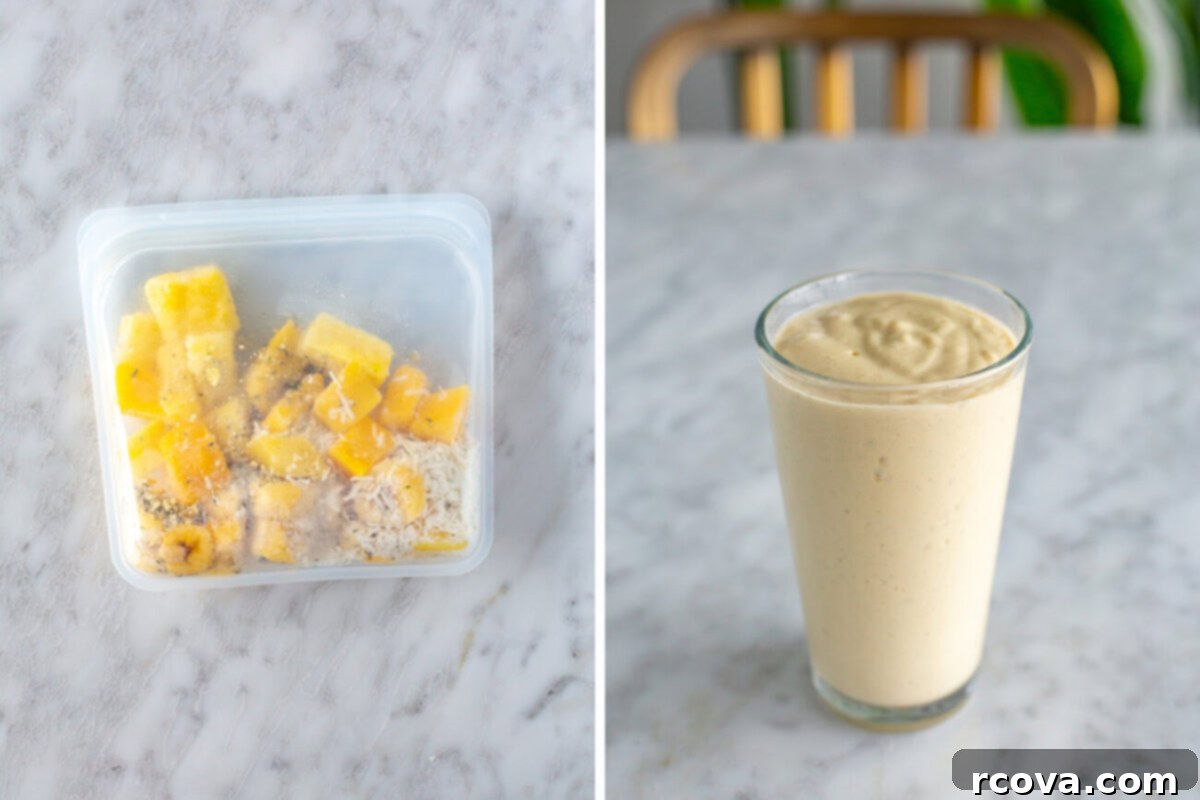 5 Genius Make Ahead Smoothie Packs 8 A vibrant collage showcasing a pre-prepped Tropical Smoothie pack in a freezer bag alongside the blended, creamy yellow smoothie in a clear glass, garnished with a pineapple wedge.