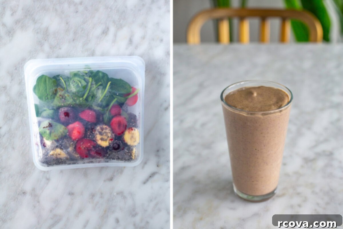 5 Genius Make Ahead Smoothie Packs 9 A collage featuring a purple Very Berry Smoothie pack in a freezer bag next to a glass filled with the smooth, blended berry smoothie, garnished with fresh mixed berries.