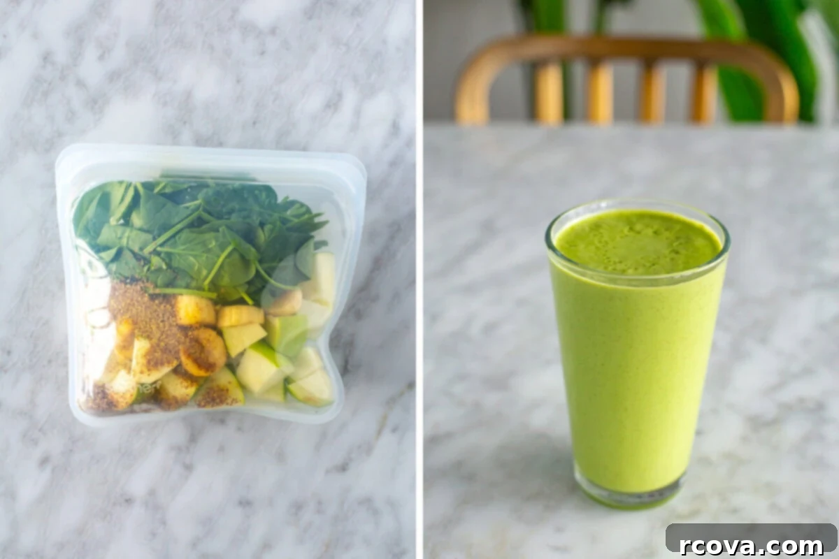 5 Genius Make Ahead Smoothie Packs 10 A collage displaying a green Mean Green Smoothie pack in a freezer bag and the resulting vibrant green smoothie in a glass, garnished with a slice of green apple.