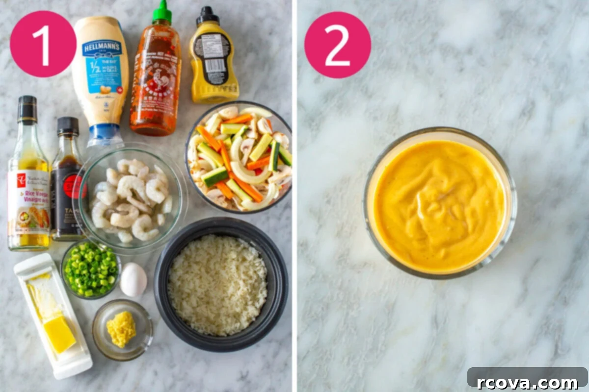 Perfect Benihana Style Hibachi Shrimp 5 The first two steps for making hibachi shrimp: 1) laying out prepped ingredients on a cutting board, and 2) mixing yum yum sauce in a bowl.
