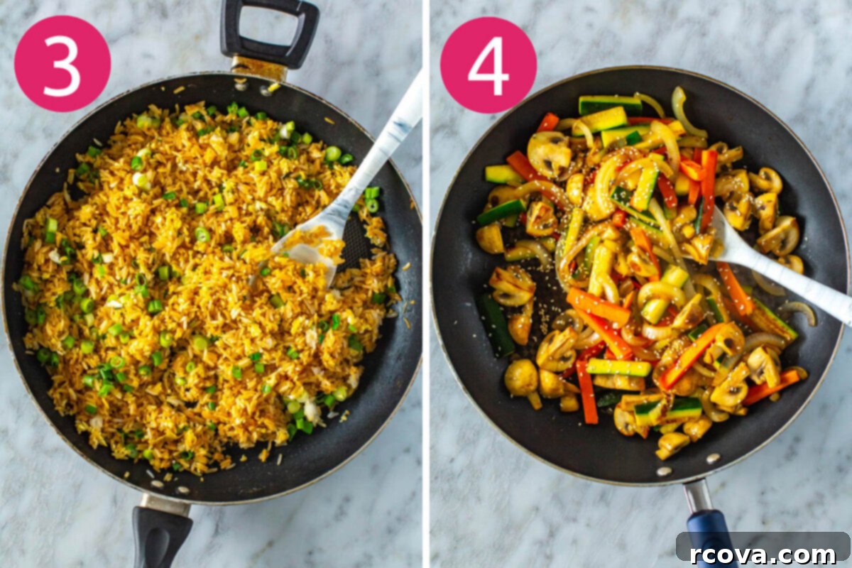 Perfect Benihana Style Hibachi Shrimp 6 Steps 3 and 4 for making hibachi shrimp: 3) cooking fried rice in a large pan, and 4) sauteing mixed vegetables in another pan.