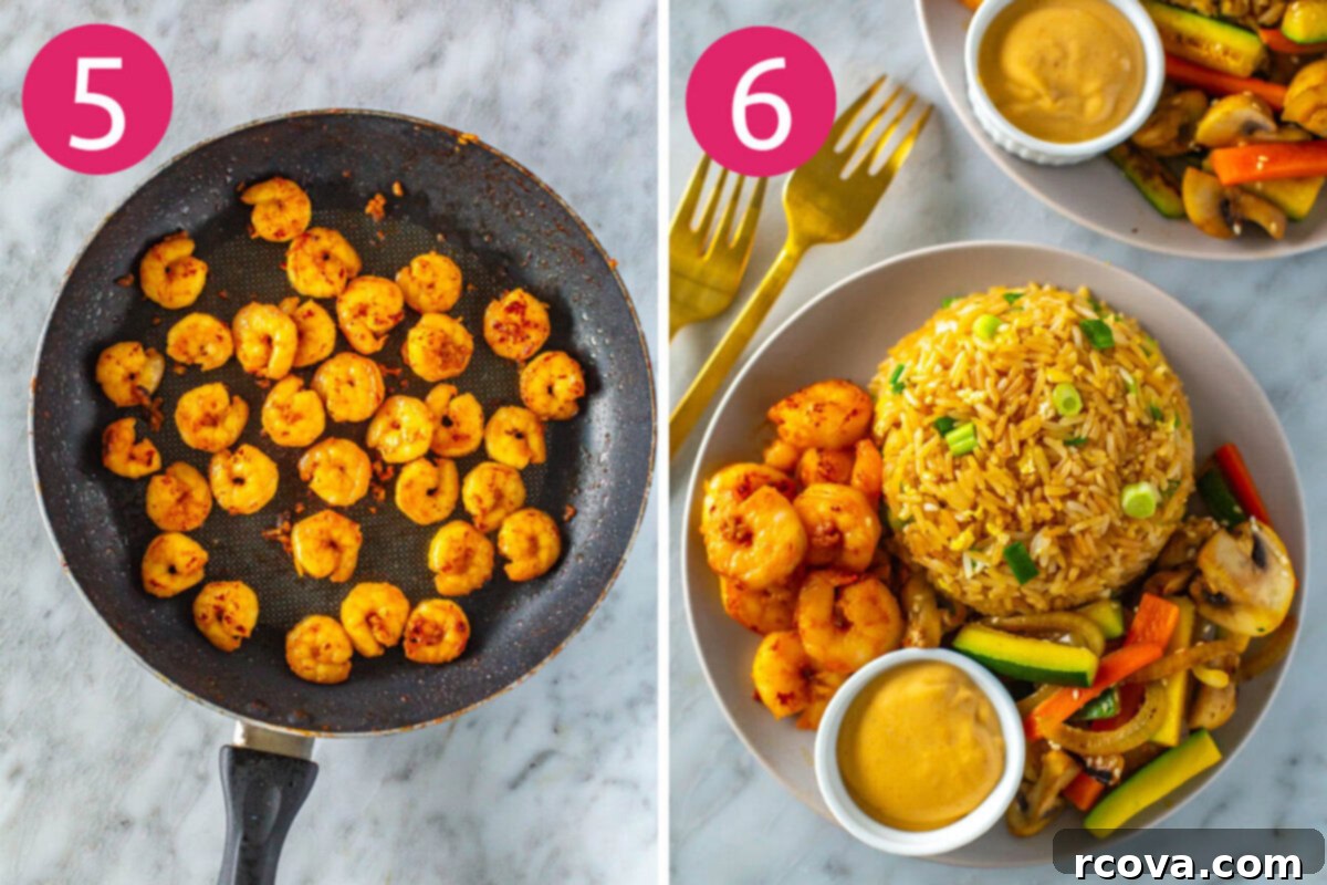 Perfect Benihana Style Hibachi Shrimp 7 Steps 5 and 6 for making hibachi shrimp: 5) shrimp cooking in a pan with garlic and soy sauce, and 6) a finished plate of hibachi shrimp, fried rice, veggies, and yum yum sauce.