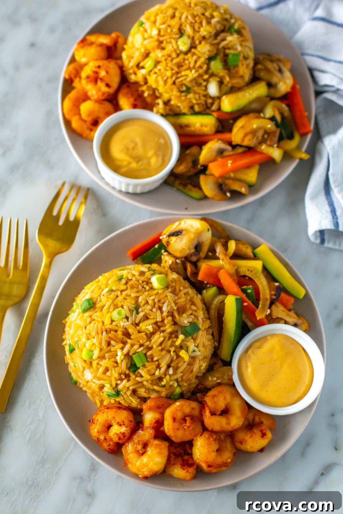 Perfect Benihana Style Hibachi Shrimp 8 Two beautifully plated dishes of hibachi shrimp, each featuring perfectly cooked shrimp, golden fried rice, a medley of colorful sautéed vegetables, and a creamy swirl of yum yum sauce, ready to be enjoyed.