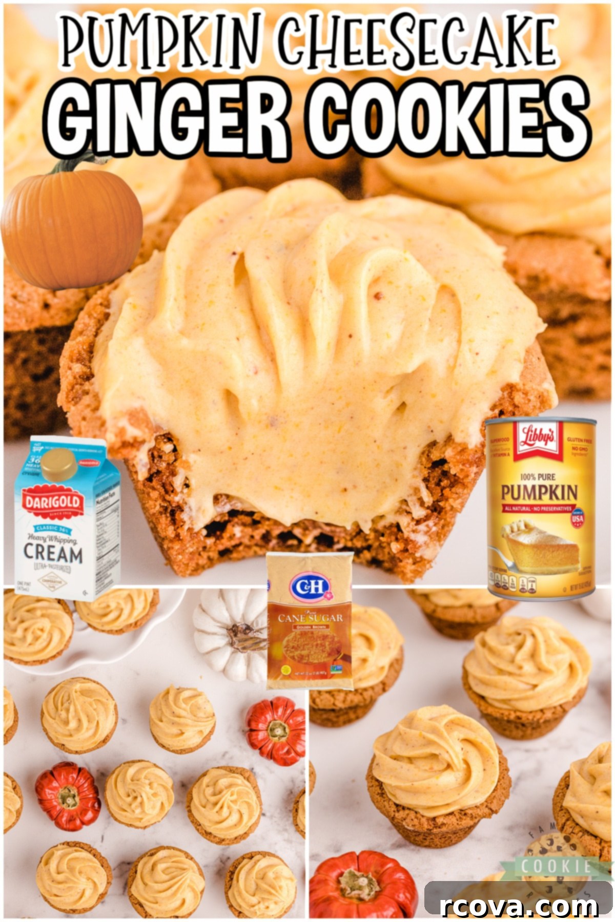 Spiced Pumpkin Cheesecake Ginger Delights 6 Collage of step-by-step images for making pumpkin mousse cookies, showing mixing dough, shaping, baking, and filling.