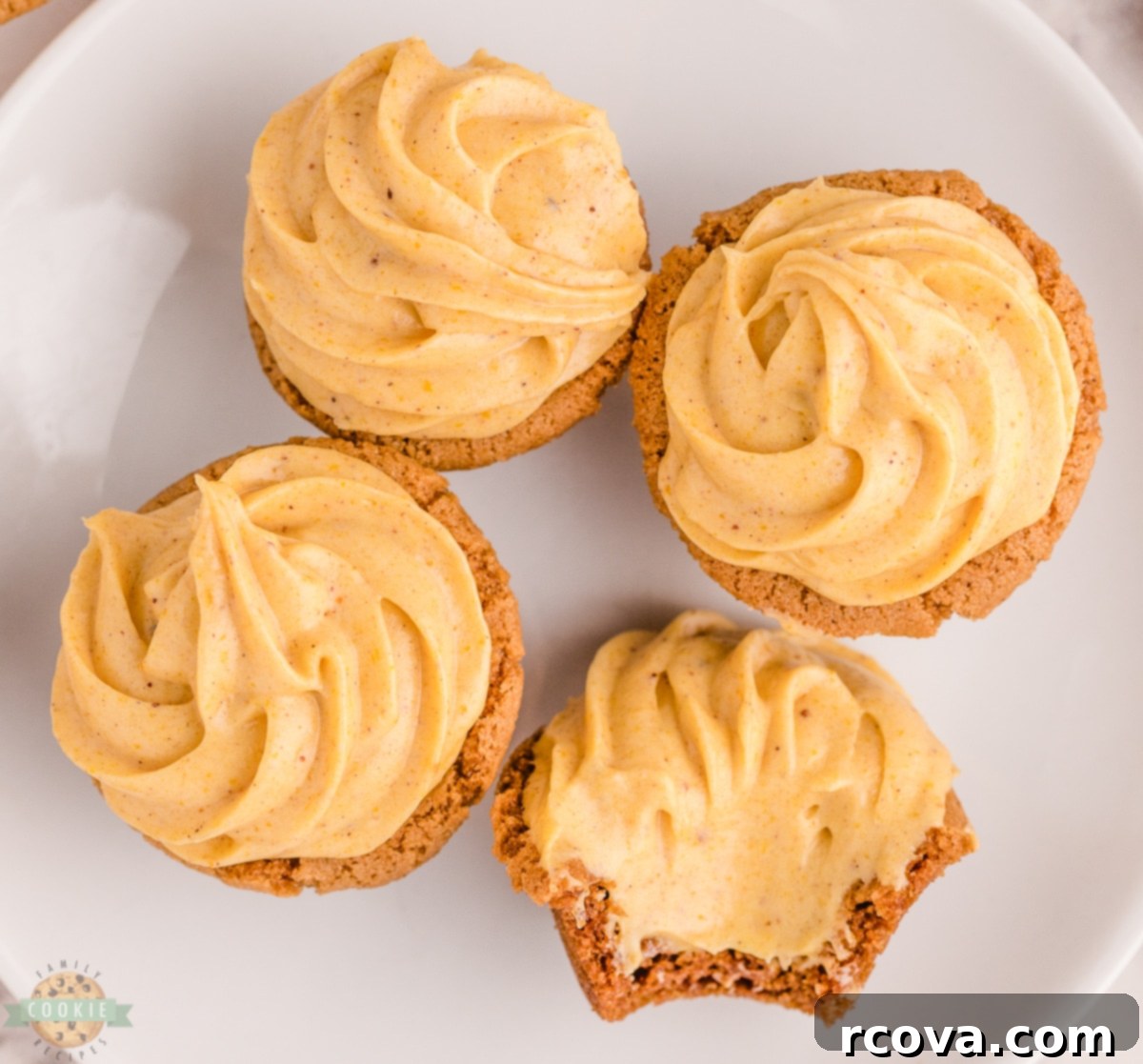 Spiced Pumpkin Cheesecake Ginger Delights 8 Two pumpkin cheesecake ginger cookies on a white plate, with a background of more cookies.