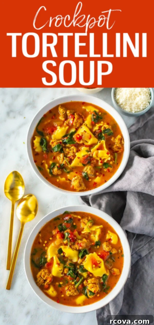 Hearty Crockpot Sausage Tortellini Soup 12 This Creamy Crockpot Sausage Tortellini Soup is an easy comforting meal. It's so delicious with turkey sausage, spinach and more! #crockpot #tortellinisoup