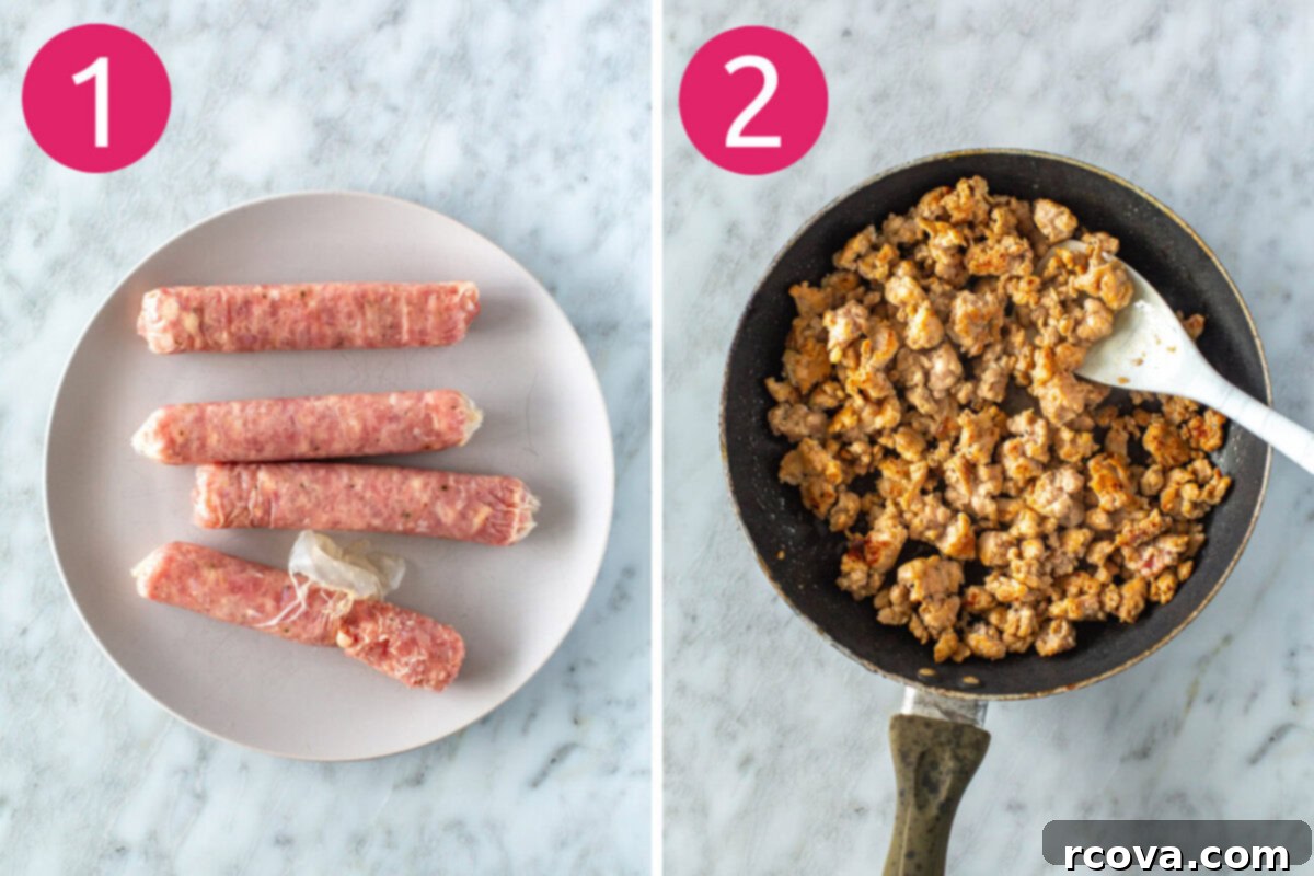 Hearty Crockpot Sausage Tortellini Soup 5 The initial steps for making crockpot tortellini soup: first, Italian turkey sausage is removed from its casings, and then it's browned in a hot skillet until lightly cooked.