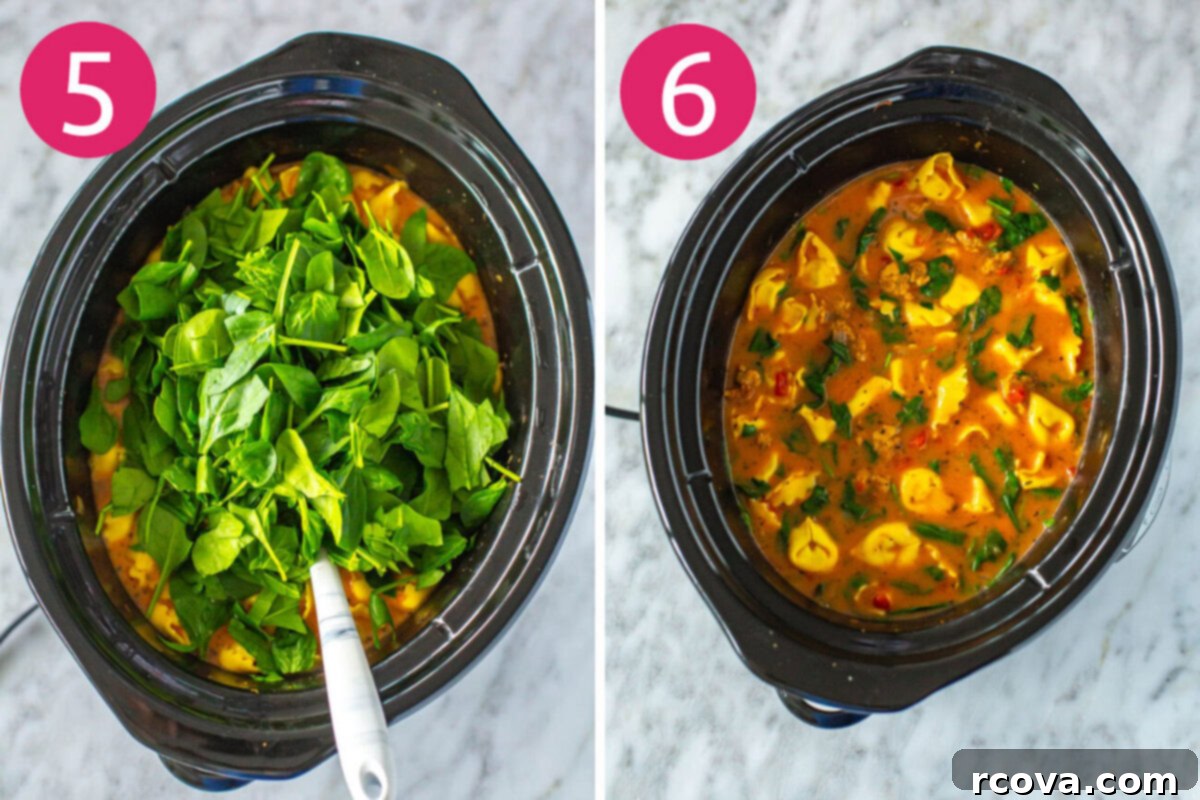 Hearty Crockpot Sausage Tortellini Soup 7 The final steps for crockpot tortellini soup: fresh spinach is added, followed by heavy cream, and then stirred gently to combine all ingredients.