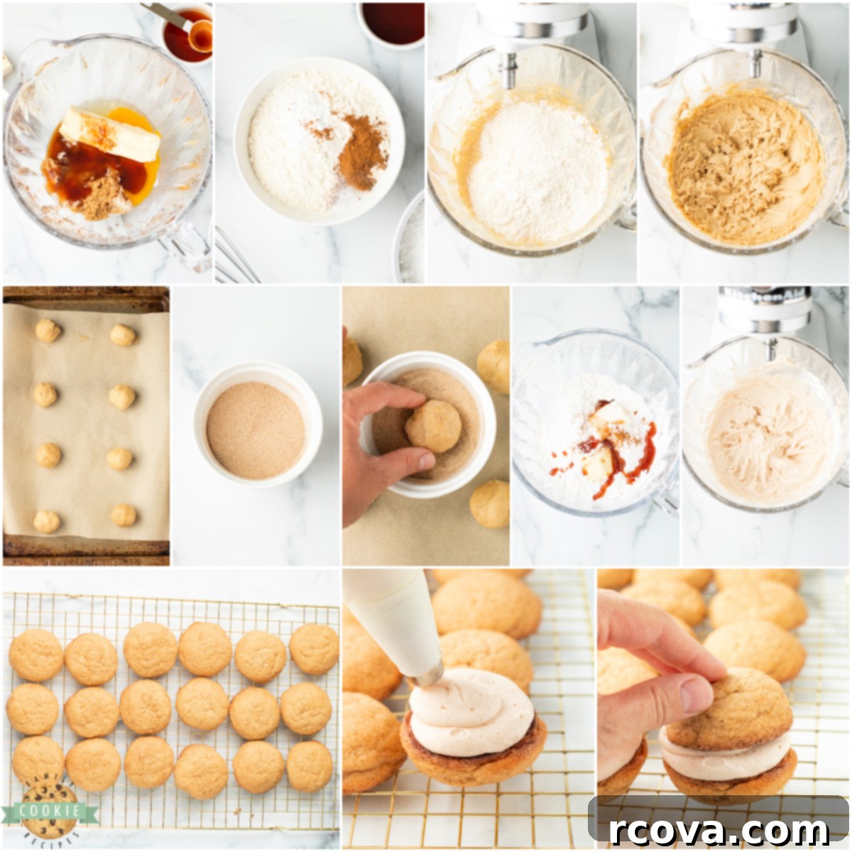 Ciderhouse Snickerdoodle Cream Pies 5 Step by step instructions on how to make Apple Cider Snickerdoodle Cream Pies, showing the process from dough to finished cookie.