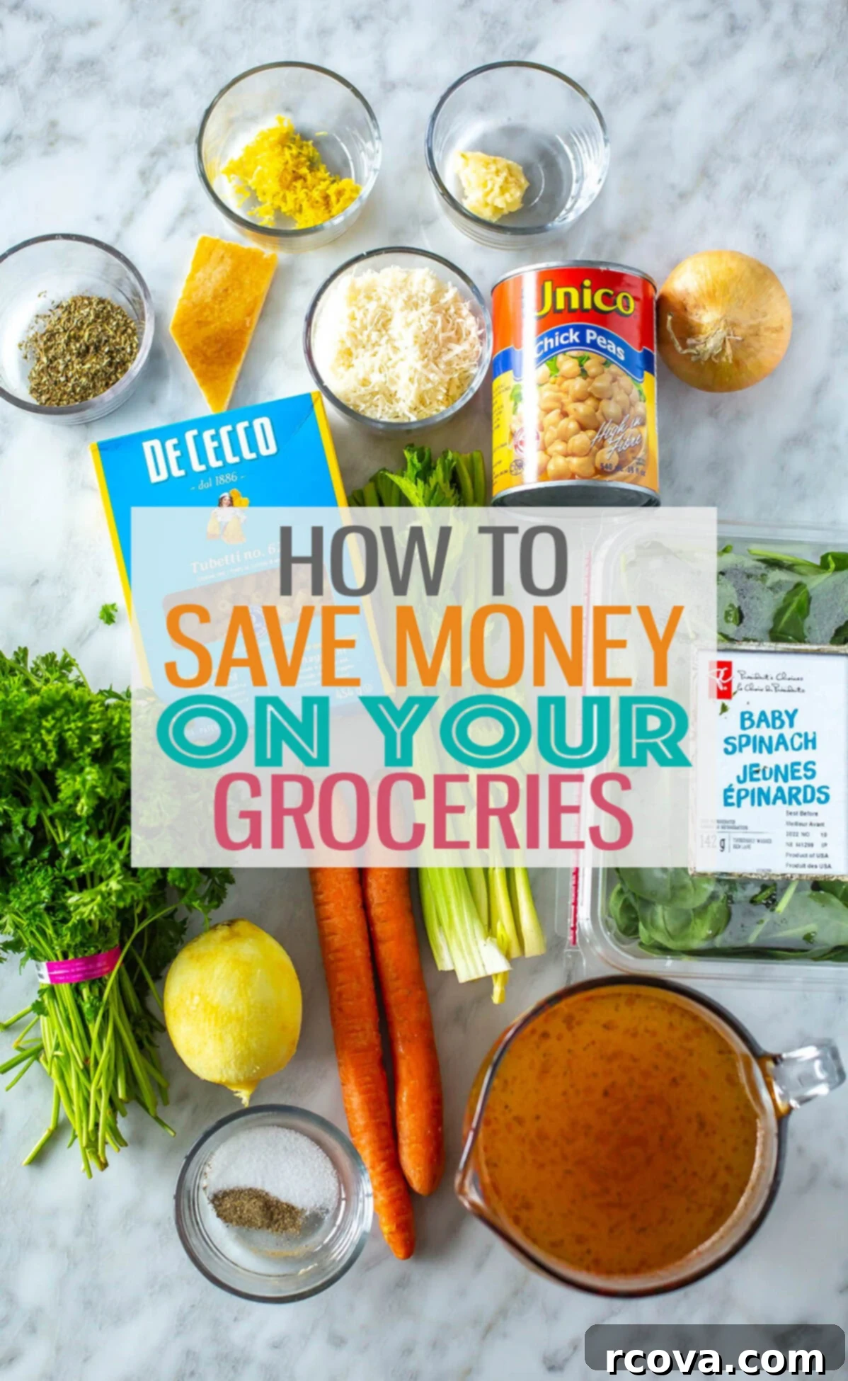 12 Grocery Hacks to Save Big in 2025 2 An overhead shot of a variety of fresh groceries, including fruits, vegetables, and pantry staples, with the text "How to Save Money on Groceries" prominently displayed.