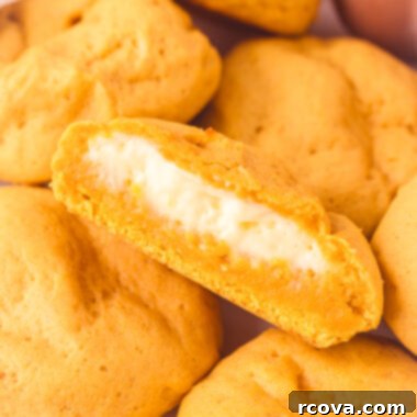 Pumpkin Cookies with a Creamy Cheesecake Core 5 soft spiced pumpkin cookies stuffed with cheesecake