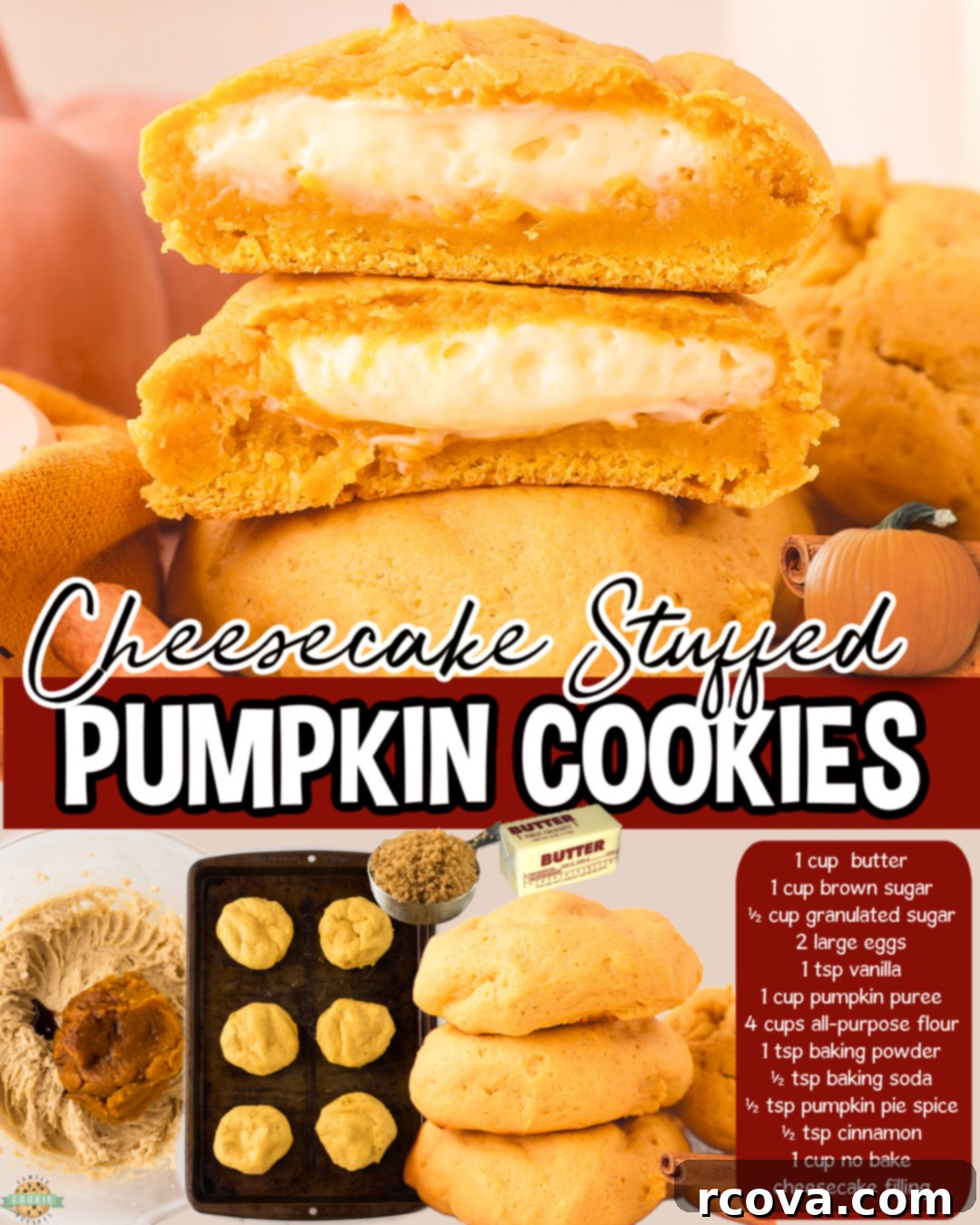 Pumpkin Cookies with a Creamy Cheesecake Core 6 Cheesecake Stuffed Pumpkin Cookies made with spiced pumpkin cookie dough stuffed with sweet cheesecake filling!, best fall cookies